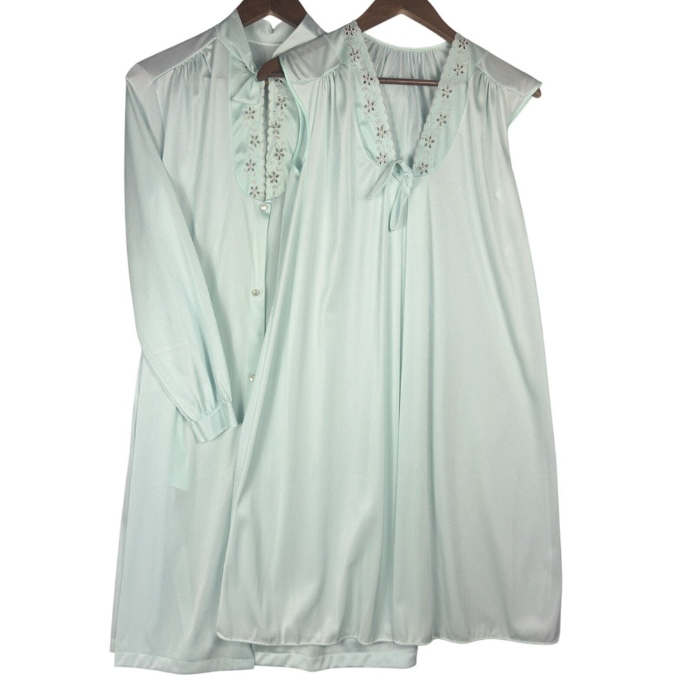 Vintage KAYSER Nightgown Set Women Small Blue Dress Chiffon Peignoir Cottage 70s
